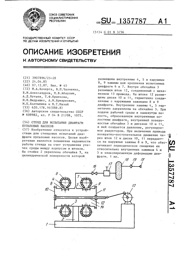 Стенд для испытания диафрагм пульповых насосов (патент 1357787)