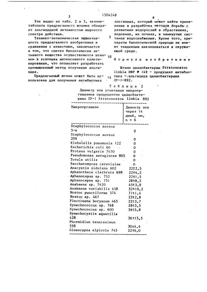 Штамм цианобактерии sтrатоnоsтоs linкiа - продуцент антибиотика-альгицида цианобактерина лу-1-892 (патент 1504248)