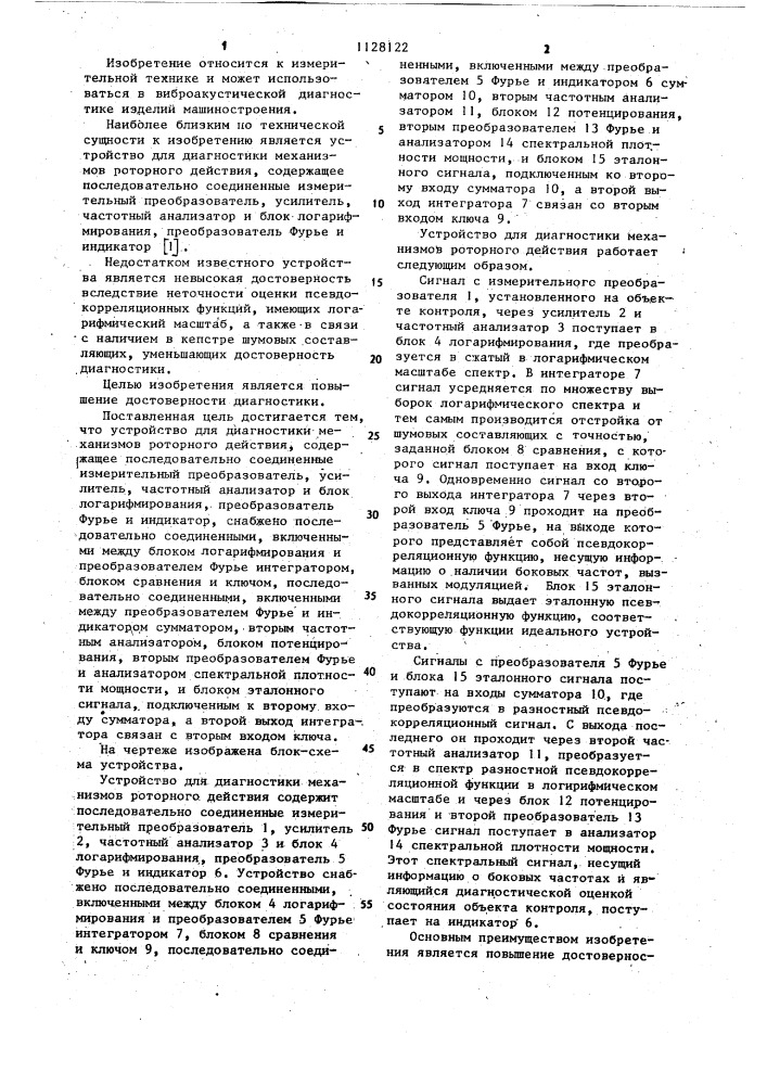 Устройство для диагностики механизмов роторного действия (патент 1128122)