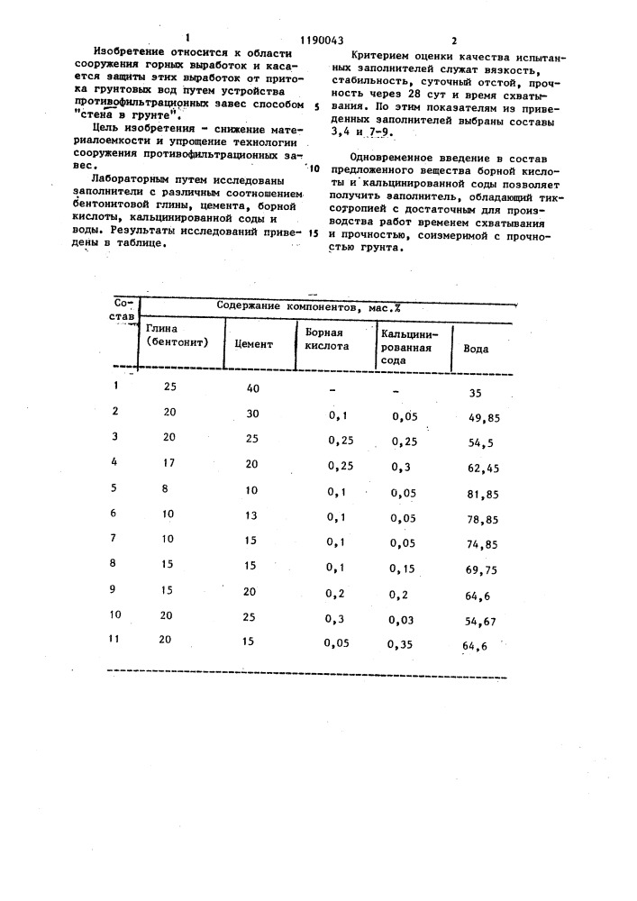 Заполнитель противофильтрационных завес (патент 1190043)
