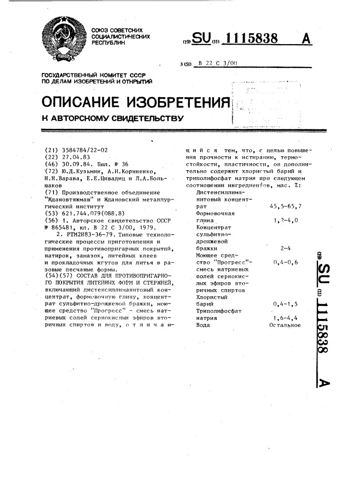 Состав для противопригарного покрытия литейных форм и стержней (патент 1115838)