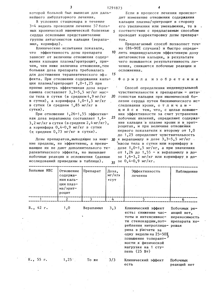 Способ определения индивидуальной чувствительности к препаратам-антагонистам кальция при ишемической болезни сердца (патент 1291873)