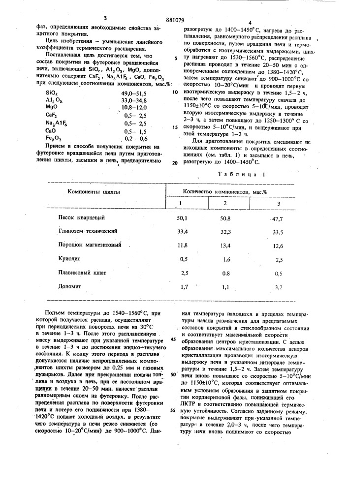 Состав покрытия на футеровке вращающейся печи и способ его получения (патент 881079)