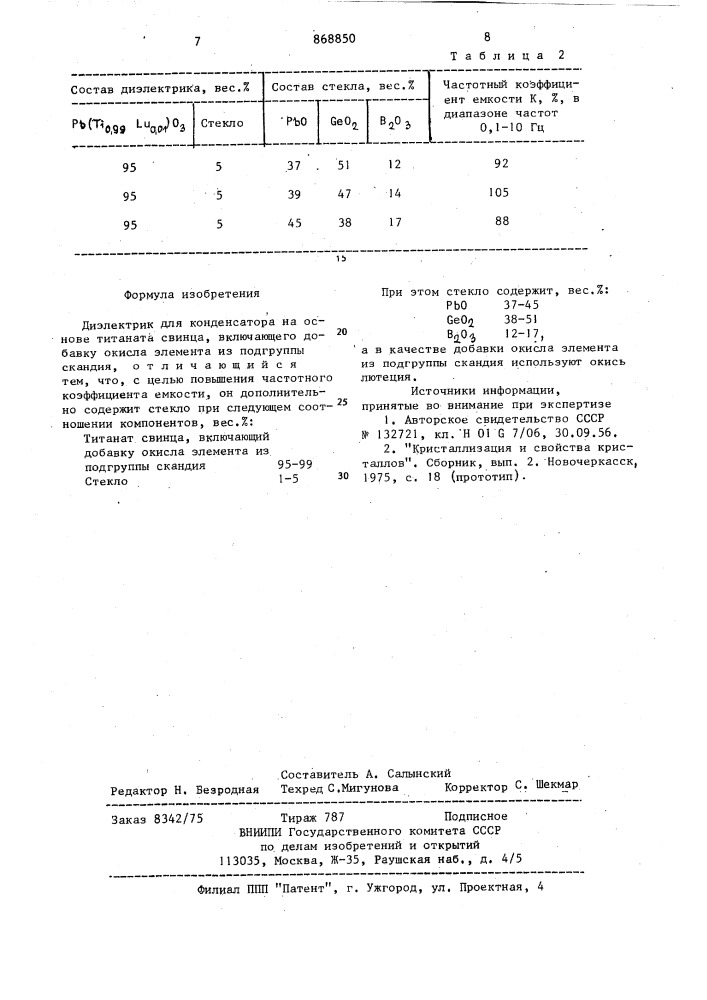 Диэлектрик для конденсатора (патент 868850)