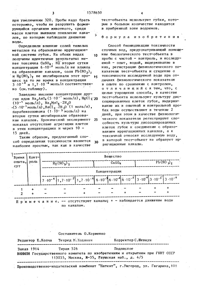 Способ биоиндикации токсичности сточных вод (патент 1578650)