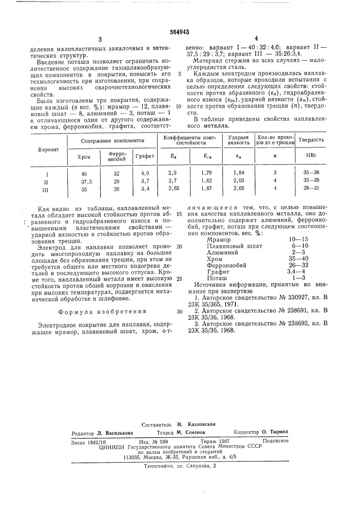 Электродное покрытие (патент 564943)