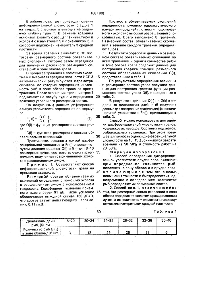 Способ определения дифференциальной уловистости орудий лова (патент 1687188)