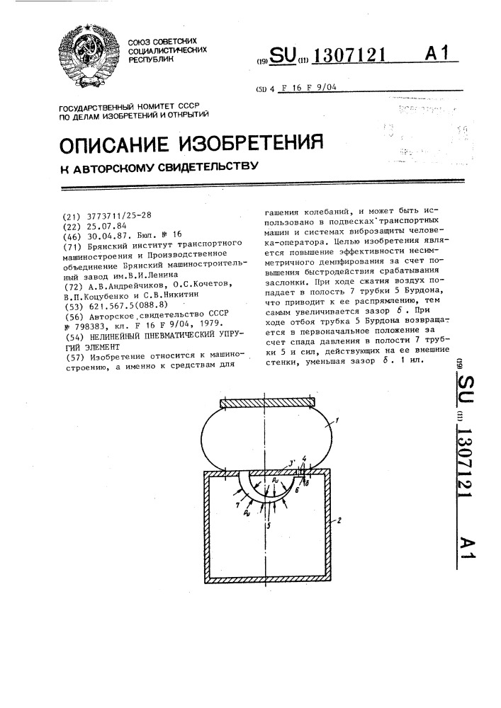 Нелинейный пневматический упругий элемент (патент 1307121)