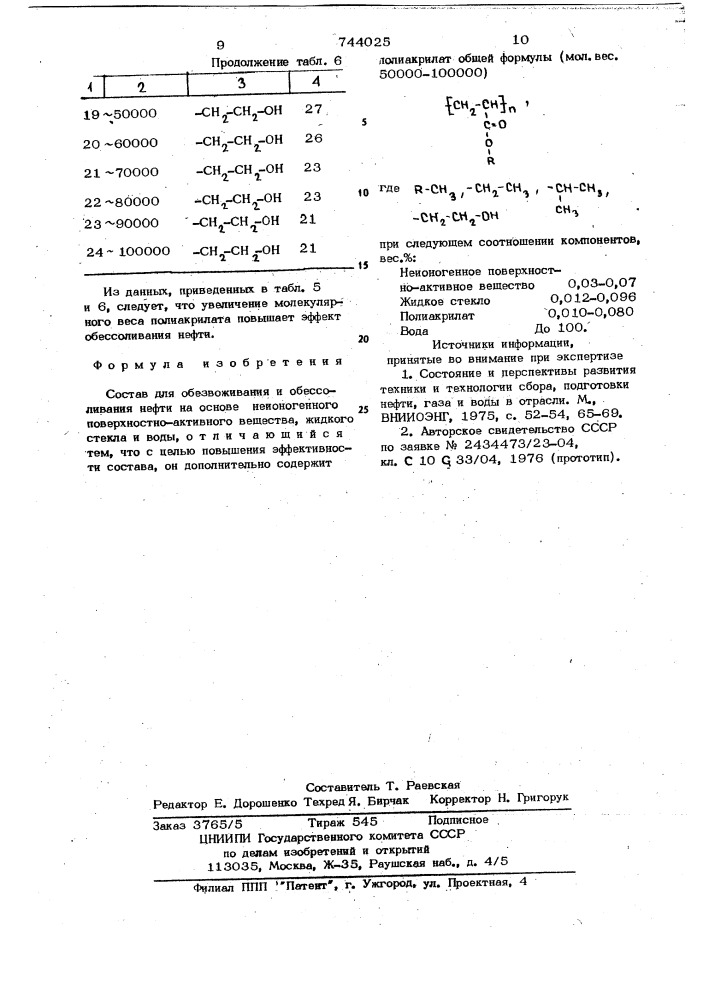 Состав для обезвоживания и обессоливания нефти (патент 744025)