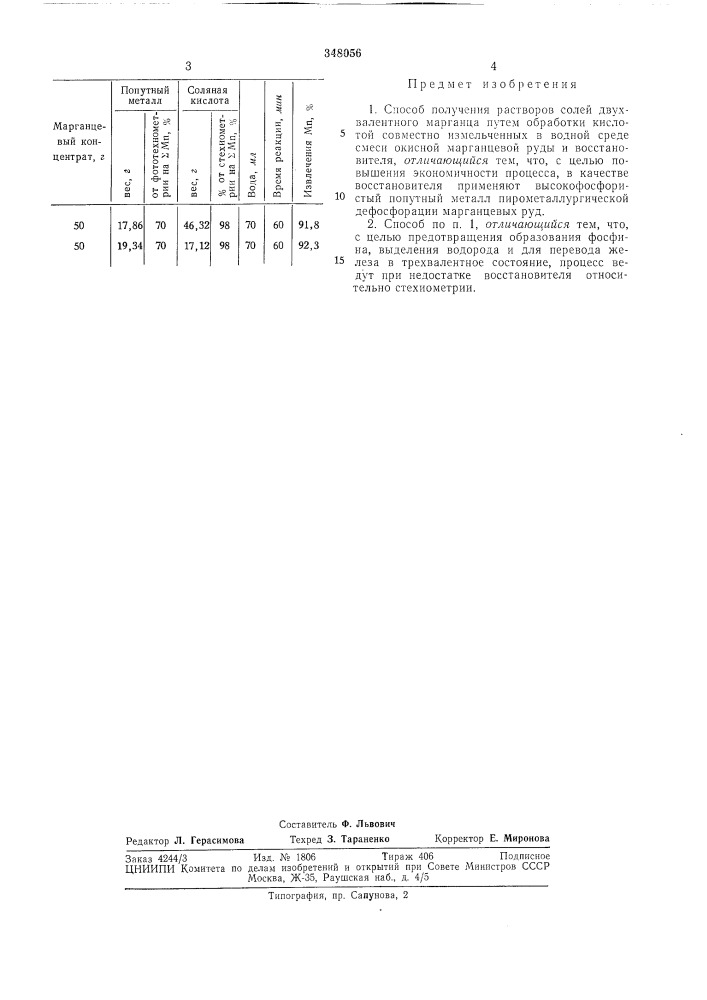 Способ получения растворов солей двухвалентного марганца (патент 348056)