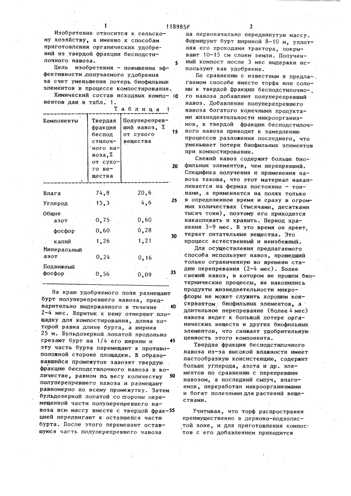 Способ получения органического удобрения (патент 1189858)