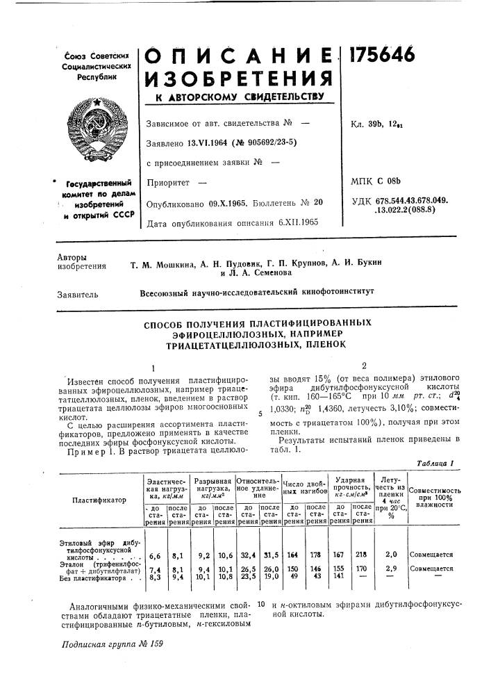 Способ получения пластифицированных (патент 175646)