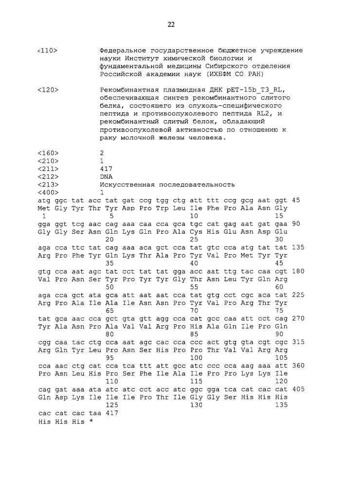Рекомбинантная плазмидная днк pet-15b_t3_rl, обеспечивающая синтез рекомбинантного слитого белка, состоящего из опухоль-специфического пептида и противоопухолевого пептида rl2, и рекомбинантный слитый белок, обладающий противоопухолевой активностью по отношению к раку молочной железы человека (патент 2619053)