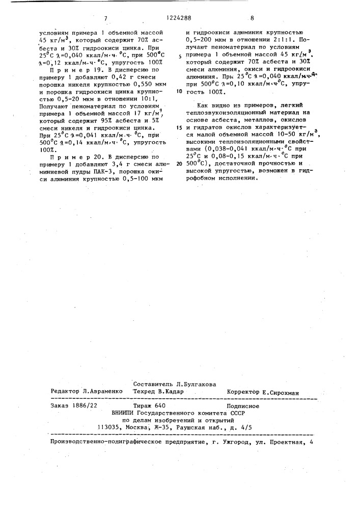 Легкий теплозвукоизоляционный материал (патент 1224288)