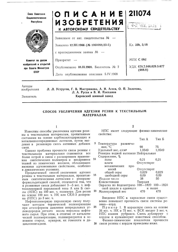 Способ увеличения адгезии резин к текстильнымматериалам (патент 211074)