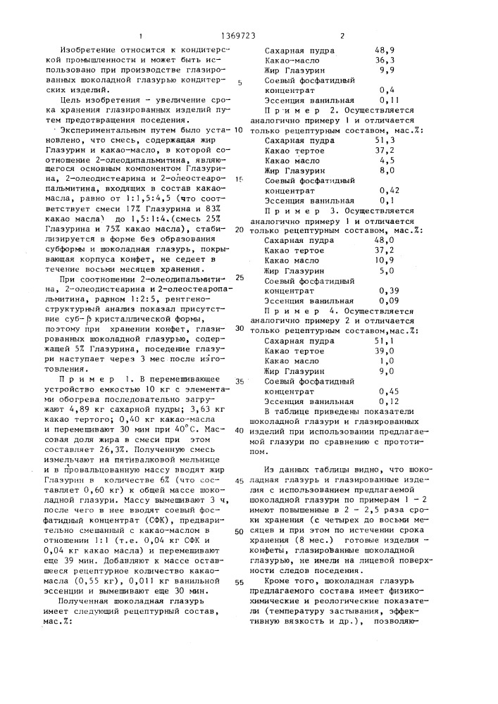 Шоколадная глазурь для кондитерских изделий (патент 1369723)