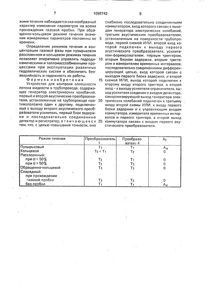 Устройство для контроля сплошности потока жидкости в трубопроводе (патент 1698742)