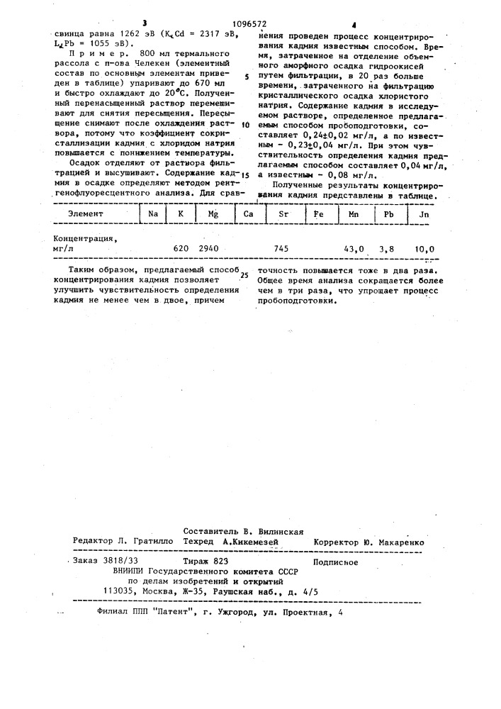 Способ концентрирования кадмия из природных и термальных вод при подготовке проб для рентгенофлуоресцентного анализа (патент 1096572)