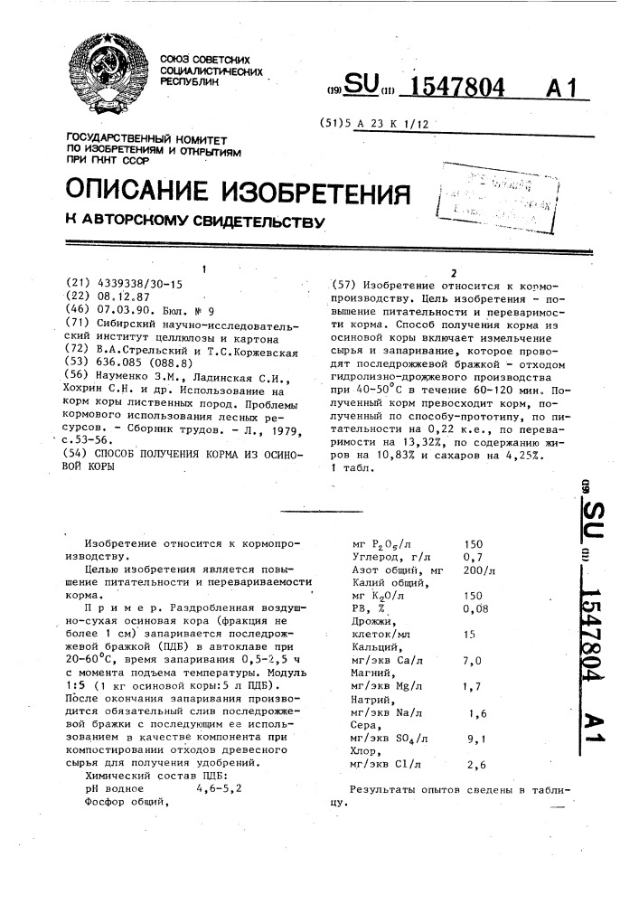 Способ получения корма из осиновой коры (патент 1547804)
