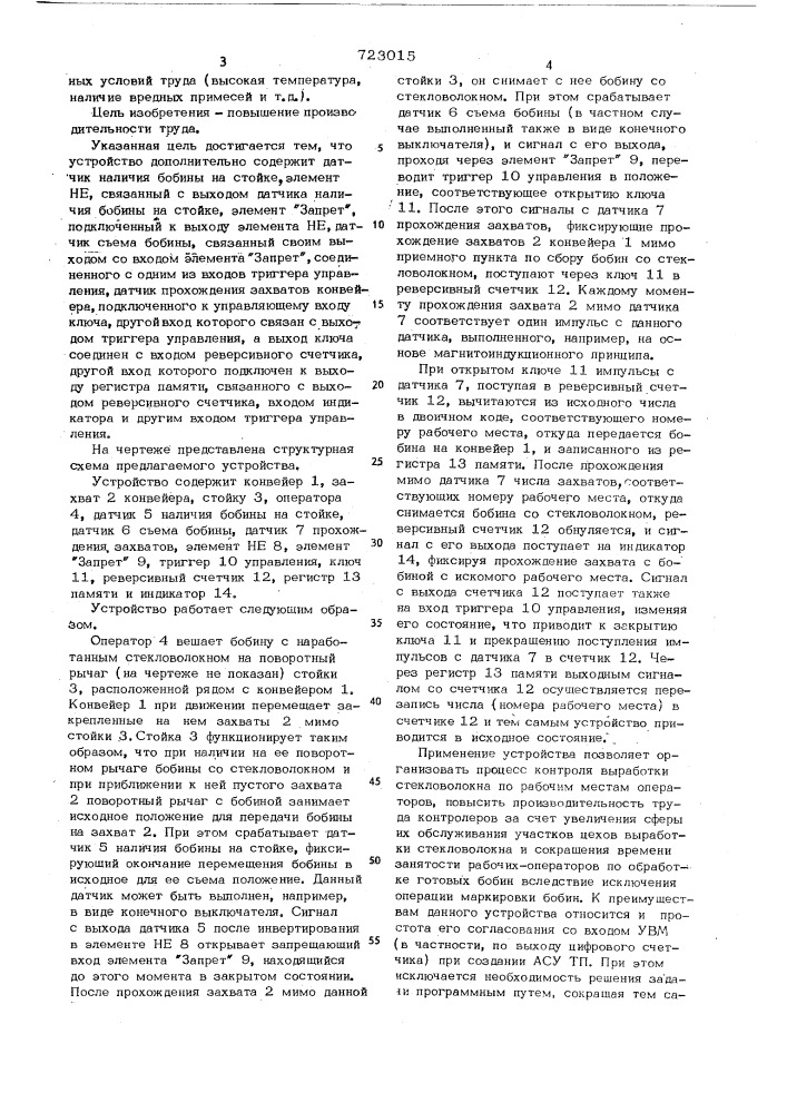 Устройство для определения места наработки стекловолокна (патент 723015)