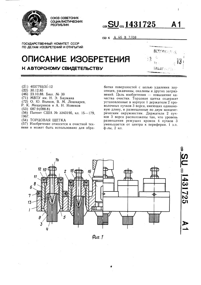 Торцовая щетка (патент 1431725)