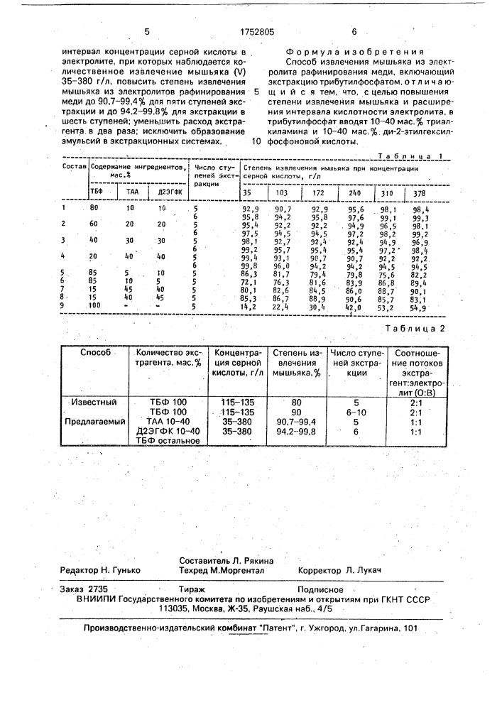 Способ извлечения мышьяка из электролита рафинирования меди (патент 1752805)