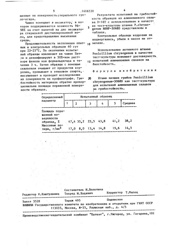 Штамм низших грибов реniсilliuм снrysоgеnuм как тест- культура для испытаний алюминиевых сплавов на грибостойкость (патент 1606530)