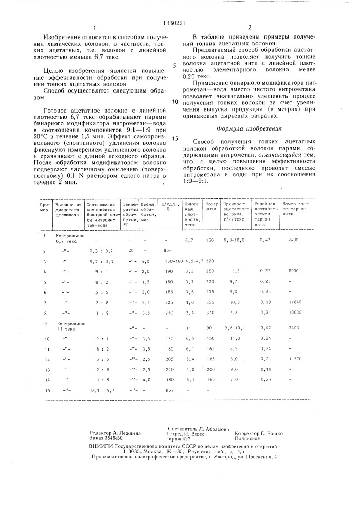 Способ получения тонких ацетатных волокон (патент 1330221)