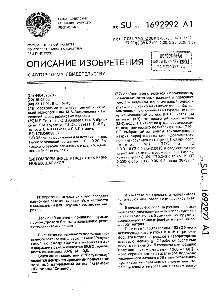 Композиция для надувных резиновых шариков (патент 1692992)