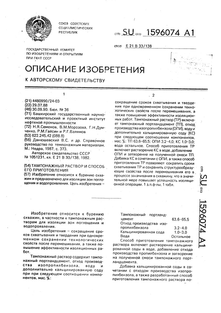 Тампонажный раствор и способ его приготовления (патент 1596074)