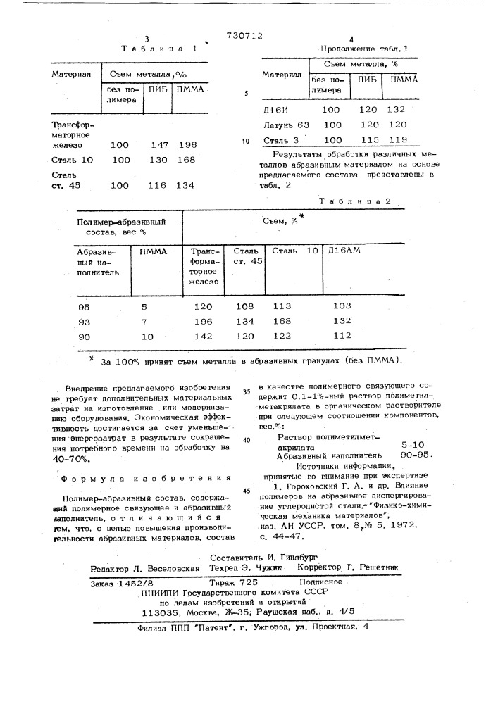 Полимер-абразивный состав (патент 730712)