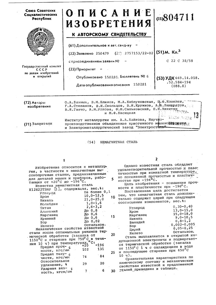 Немагнитная сталь (патент 804711)