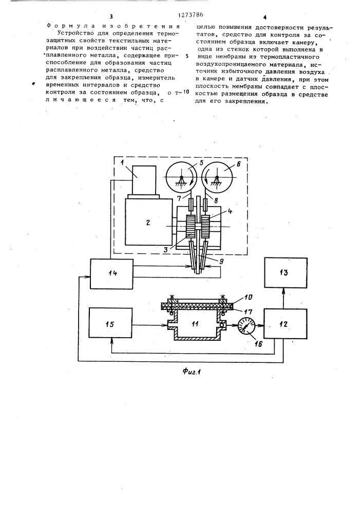 Устройство для определения термозащитных свойств текстильных материалов при воздействии частиц расплавленного металла (патент 1273786)