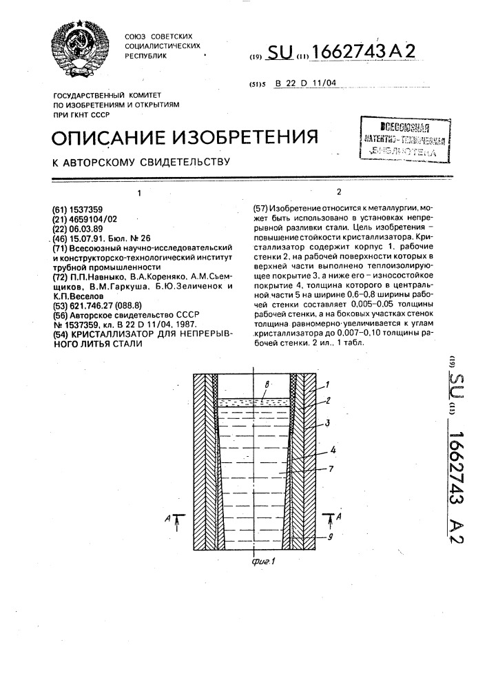 Кристаллизатор для непрерывного литья стали (патент 1662743)
