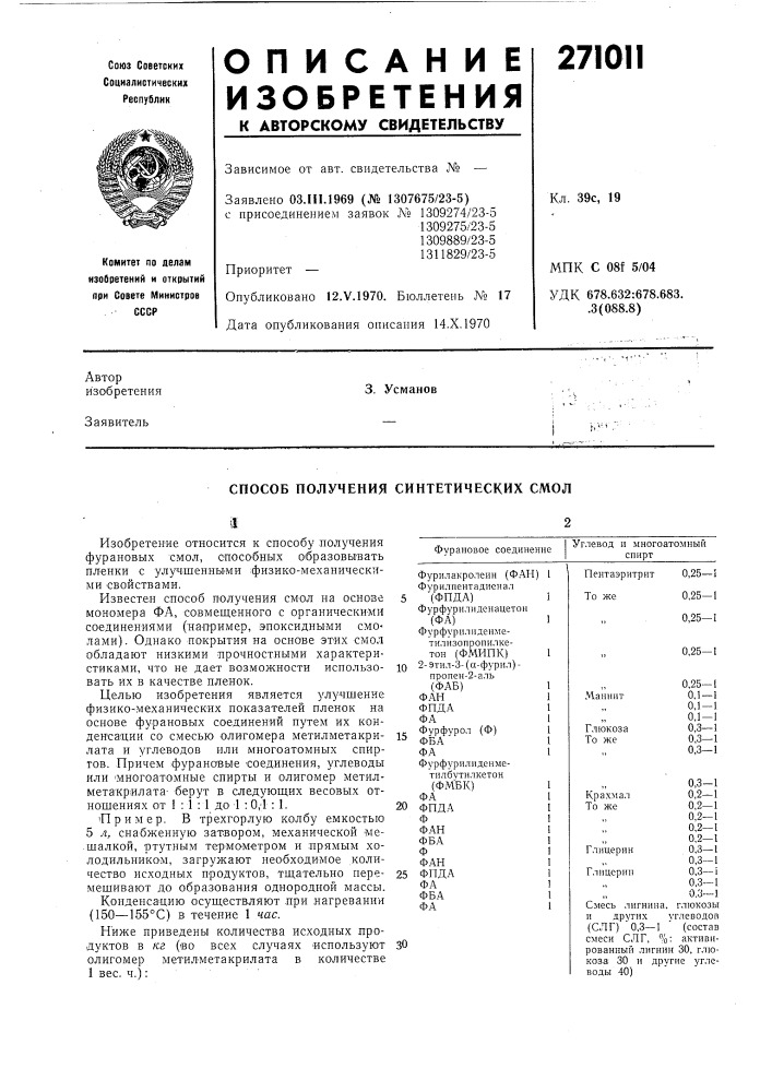 Способ получения синтетических смол (патент 271011)