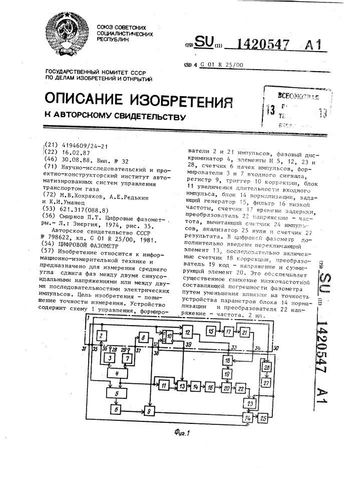 Цифровой фазометр (патент 1420547)