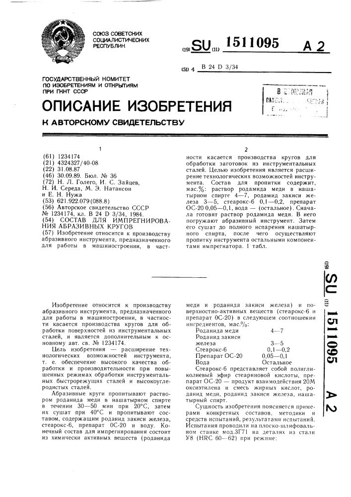 Состав для импрегнирования абразивных кругов (патент 1511095)