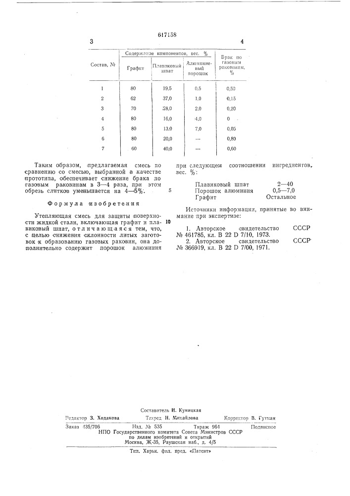 Утепляющая смесь для защиты поверхности жидкой стали (патент 617158)