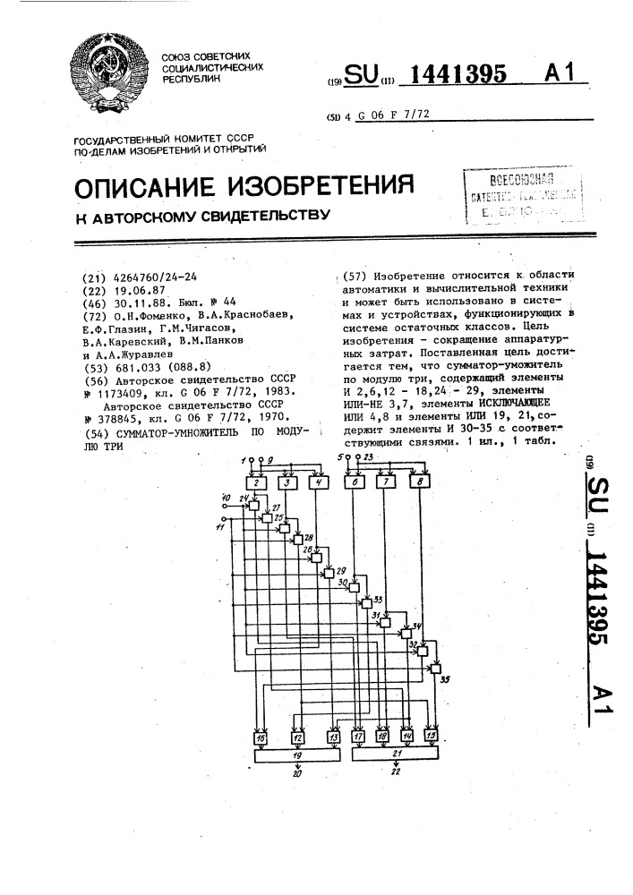 Сумматор-умножитель по модулю три (патент 1441395)