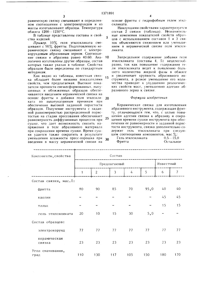 Керамическая связка для изготовления абразивного инструмента (патент 1371891)