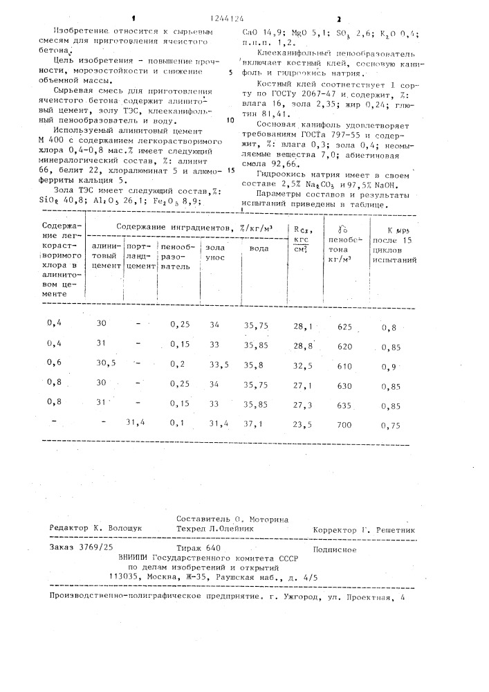 Сырьевая смесь для изготовления ячеистого бетона (патент 1244124)