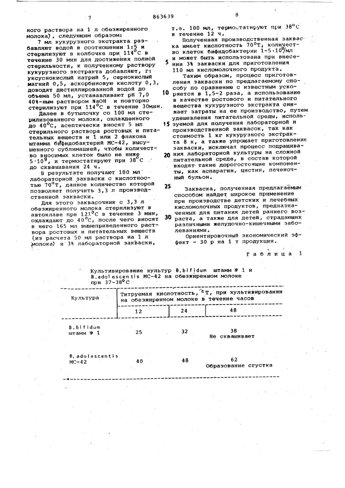 Штамм бифидобактерий вifidовастеriuм аdоеsсеnтis мс-42, используемый для приготовления кисломолочных продуктов и способ получения закваски бифидобактерий для кисломолочных продуктов (патент 863639)