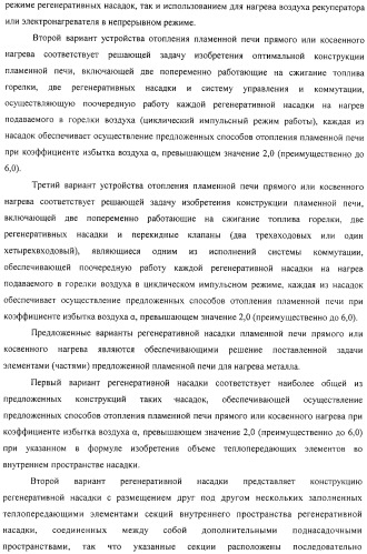 Способ тепловой обработки металла в пламенной печи прямого или косвенного нагрева (варианты), способ сжигания смеси жидкого или газообразного топлива и нагретого воздуха в пламенной печи прямого или косвенного нагрева, устройство отопления (варианты) и регенеративная насадка (варианты) для осуществления способов (патент 2324745)