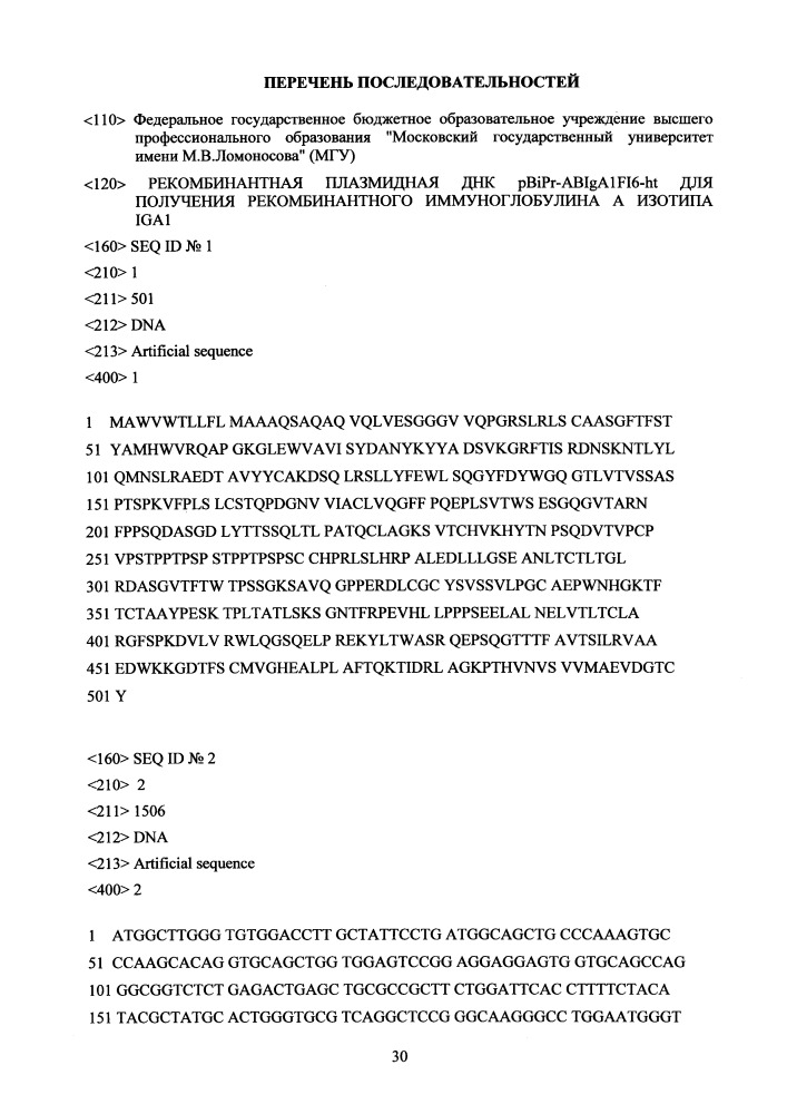 Рекомбинантная плазмидная днк pbipr-abiga1fi6-ht для получения рекомбинантного иммуноглобулина а изотипа iga1 (патент 2656142)