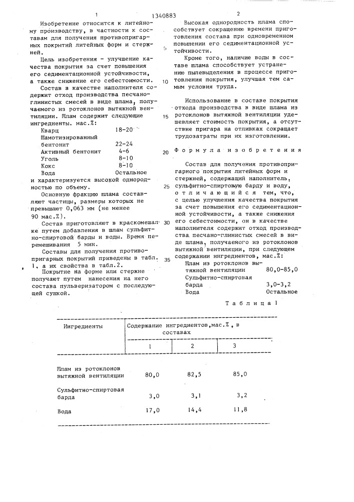 Состав для получения противопригарного покрытия литейных форм и стержней (патент 1340883)