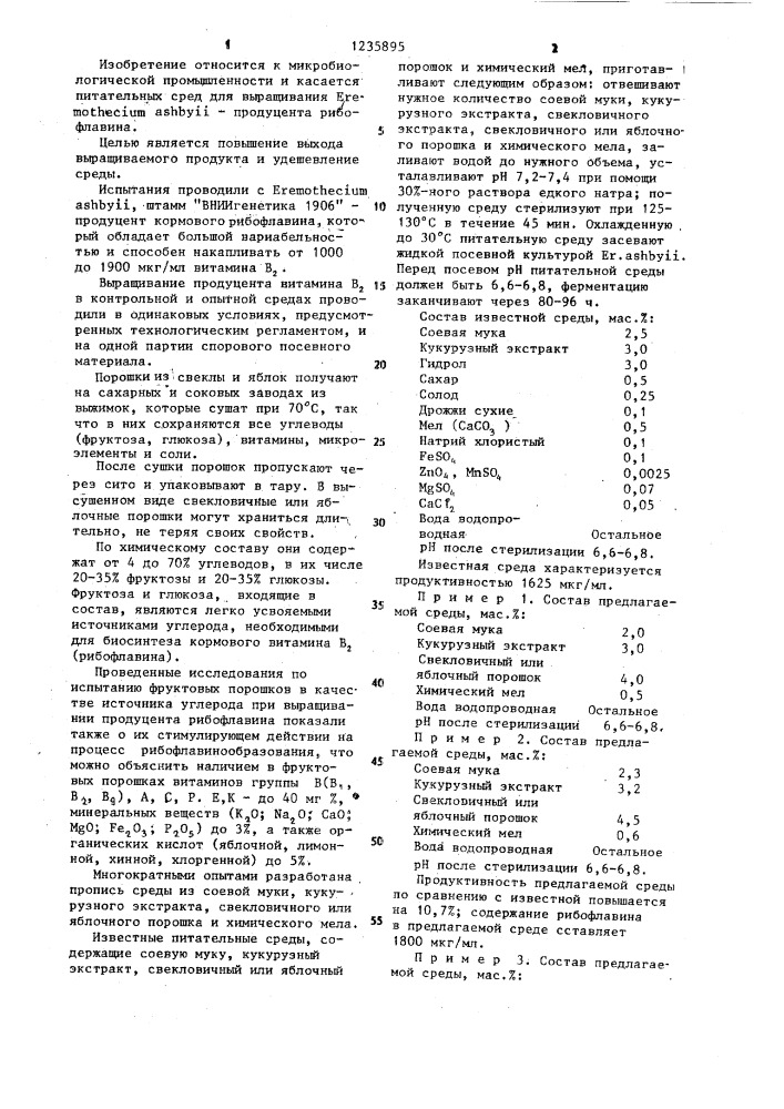 Питательная среда для выращивания @ @ -продуцента кормового рибофлавина (патент 1235895)