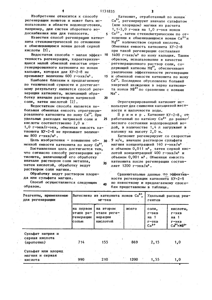 Способ регенерации катионита (патент 1131835)