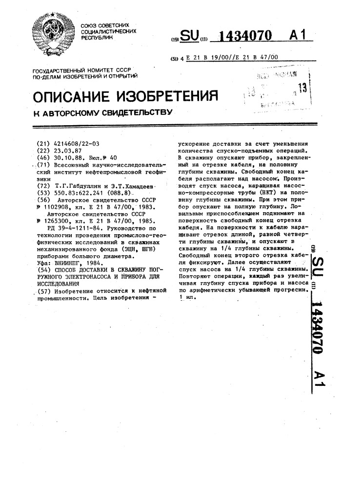 Способ доставки в скважину погружного электронасоса и прибора для исследования (патент 1434070)