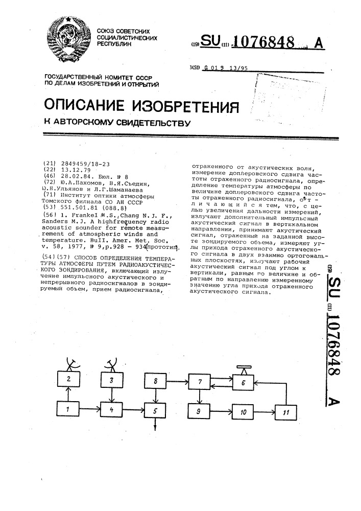 Способ определения температуры атмосферы путем радиоакустического зондирования (патент 1076848)