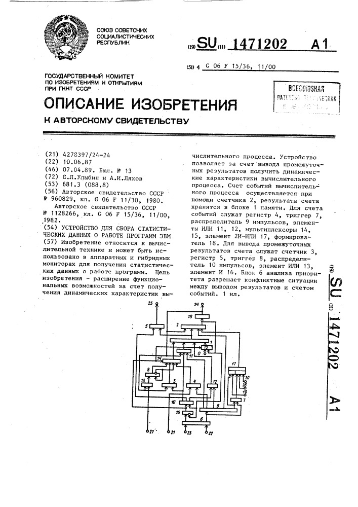 Устройство для сбора статистических данных о работе программ эвм (патент 1471202)